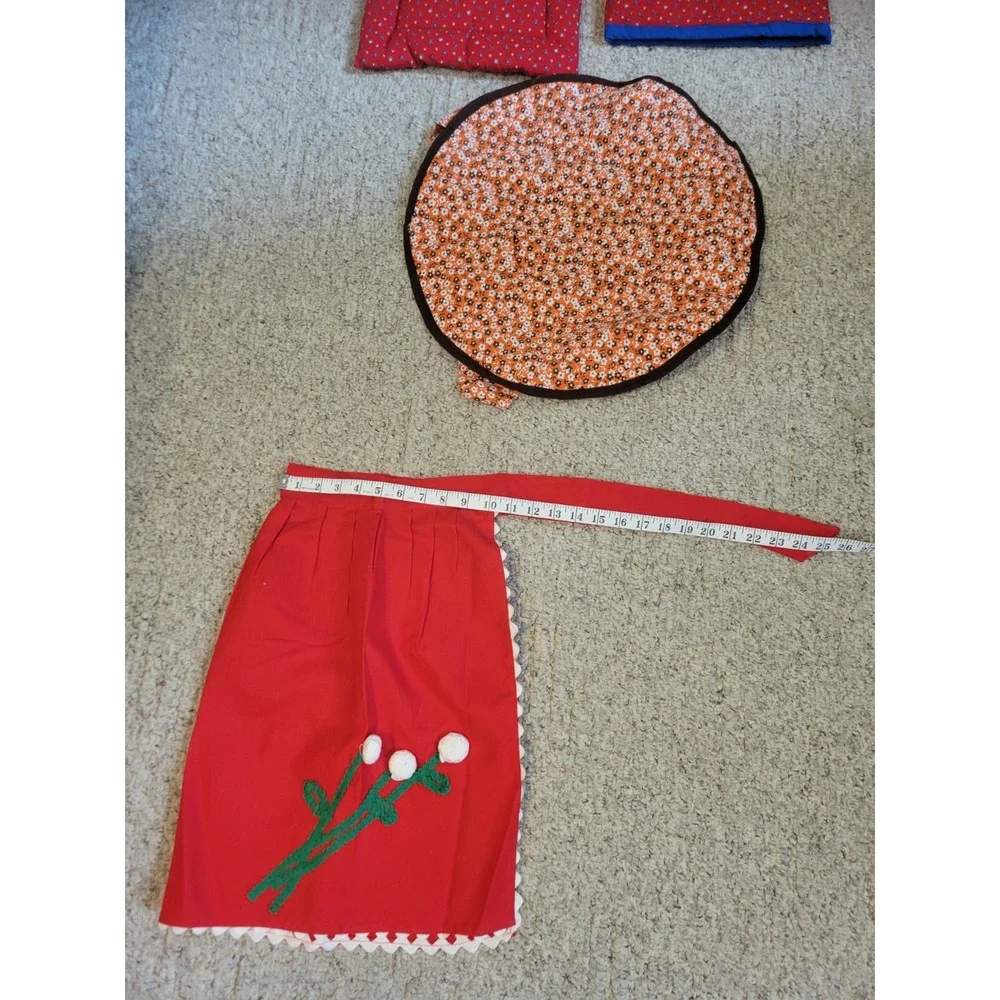 Handmade‎ MCM Pot Holder, Mitts & Half Apron Red Floral Kitchen Country Quilted